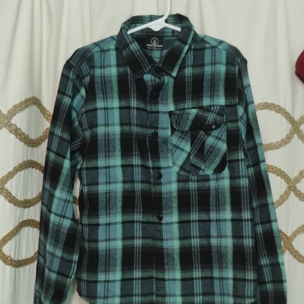 Volcom Boys Green Plaid Flannel Button-Up Long Sleeve Shirt Size 7